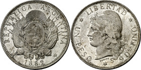 Argentina. 1882. 1 peso. (KM. 29). Bella. Brillo original. Escasa así. AG. 25,06 g. EBC+.