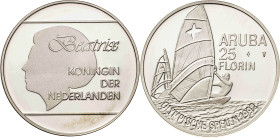 Aruba. 1992. 25 florines. (KM. 10). Juegos Olímpicos - Barcelona '92. Windsurf. AG. 25,34 g. Proof.