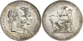 Austria. 1879. Francisco José I. 2 florines. (KW.UWC. M5). Bodas de plata. Leves golpecitos. Parte de brillo original. AG. 24,74 g. EBC.