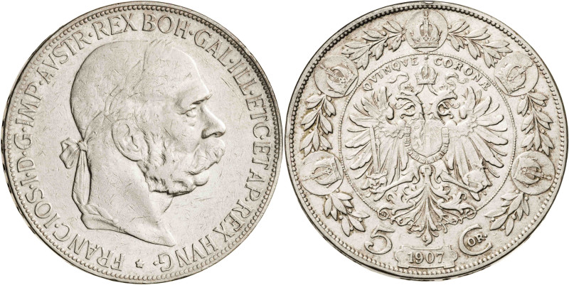 Austria. 1907. Francisco José I. 5 coronas. (KM. 2807). AG. 23,79 g. MBC.