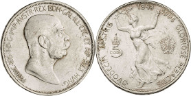 Austria. 1908. Francisco José I. 5 coronas. (KM. 2809). 60º Aniversario de Reinado. Rayitas. AG. 23,91 g. MBC-.