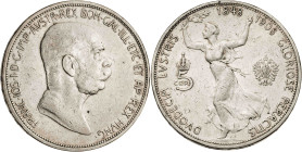 Austria. 1908. Francisco José I. 5 coronas. (KM. 2809). 60º Aniversario de Reinado. AG. 23,92 g. MBC.