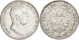 Austria. 1909. Francisco José I. 5 coronas. (KM. 2813). Rayitas. AG. 23,95 g. MBC-.
