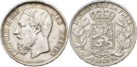 Bélgica. 1869. Leopoldo II. 5 francos. (KM. 24). AG. 24,77 g. MBC-.