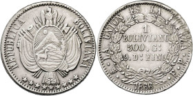 Bolivia. 1866. Potosí. FP. 1 boliviano. (KM. 152.1). Golpecitos. AG. 24,96 g. MBC-.