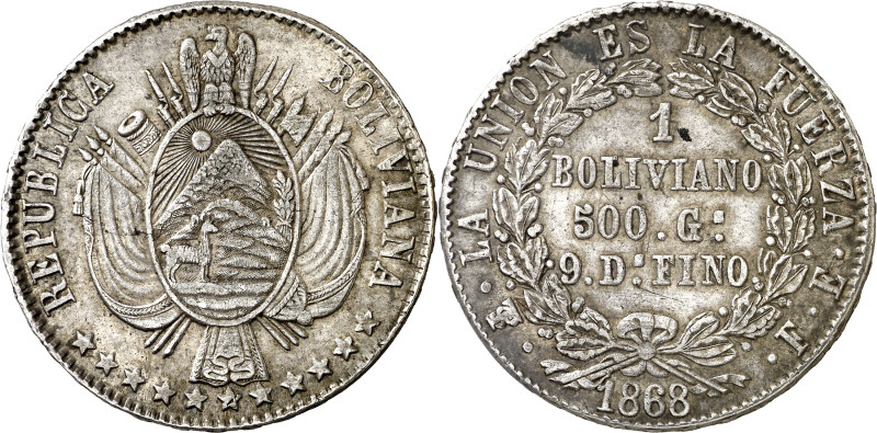 Bolivia. 1868. Potosí. FE. 1 boliviano. (KM. 152.2). Escasa. AG. 24,63 g. MBC+.