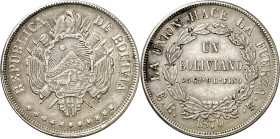 Bolivia. 1870. Potosí. ER. 1 boliviano. (KM. 155.3). AG. 24,96 g. MBC+.