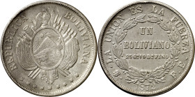 Bolivia. 1872. Potosí. FE. 1 boliviano. (KM. 155.4). AG. 24,77 g. MBC-/MBC.