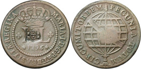 Brasil. s/d (1809). Juan, Príncipe Regente. 80 reis. (KM. 290). Contramarca escudo de Portugal sobre 40 reis de 1796. CU. 27,98 g. MBC-.