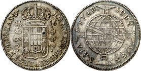Brasil. 1816. Juan, Príncipe Regente. (B (Bahía)). 960 reis. (KM. 307.1). Acuñada sobre un 8 reales de Sevilla CN. AG. 26,96 g. MBC-.