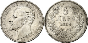 Bulgaria. 1894. Fernando I. KB (Kormoczbanya). 5 levas. (KM. 18). Escasa. AG. 24,94 g. MBC.