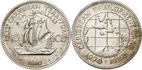 Estados del Caribe Oriental. 1980. 10 dólares. (KM. 1a). X Aniversario del Banco de Desarrollo del Caribe. AG. 28,05 g. S/C.