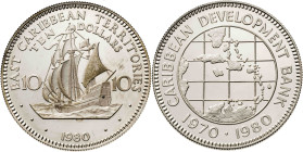 Estados del Caribe Oriental. 1980. 10 dólares. (KM. 8a). X Aniversario del Banco de Desarrollo del Caribe. AG. 28,24 g. Proof.