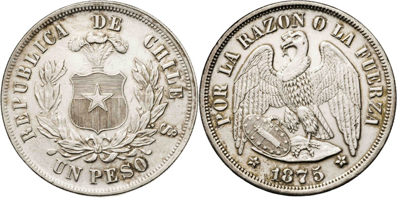 Chile. 1875. Santiago. 1 peso. (KM. 142.1). Limpiada. AG. 25,13 g. MBC+.