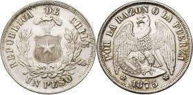 Chile. 1875. Santiago. 1 peso. (KM. 142.1). Limpiada. AG. 25,13 g. MBC+.