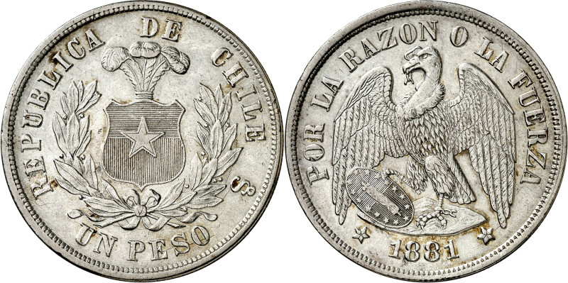 Chile. 1881. Santiago. 1 peso. (KM. 142.1). AG. 24,37 g. EBC.