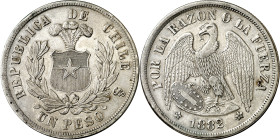 Chile. 1882. Santiago. 1 peso. (KM. 142.1). Golpecito. AG. 24,99 g. MBC+.