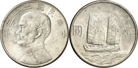 China. Año 23 (1934). 1 dólar. (KM. 345). Sun Yat Sen. AG. 26,63 g. EBC-.