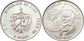 Cuba. 1988. 5 pesos. (KM. 221). Carlos J. Finlay. Escasa. AG. 16,04 g. Proof.