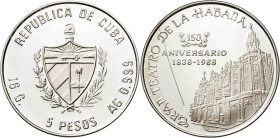 Cuba. (1988). 5 pesos. (KM. 233). 150º Aniversario del Gran Teatro de la Habana. Acuñación de 2000 ejemplares. Raya en reverso. AG. 16,02 g. Proof.