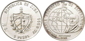 Cuba. 1990. 5 pesos. (KM. 251.1). Congreso Universal de Esperanto. AG. 15,99 g. Proof.