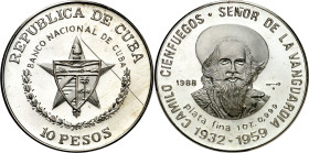 Cuba. 1988. 10 pesos. (KM. 229). Camilo Cienfuegos. Acuñación de 5000 ejemplares. AG. 31,13 g. Proof.