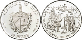 Cuba. 1990. 10 pesos. (KM. 256.1). 500º Aniversario Colón - Encuentro con los nativos. AG. 20,04 g. Proof.