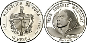 Cuba. 1990. 10 pesos. (KM. 262.1). Celia Sánchez Mandoley, activista en la Revolución cubana. Acuñación de 2000 ejemplares. AG. 31,09 g. Proof.