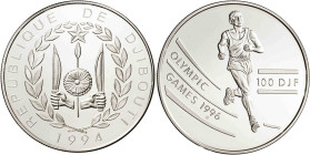 Djibouti. 1994. 100 francos. (KM. 30). Juegos Olímpicos - Barcelona '92. Atletismo. AG. 31,48 g. Proof.