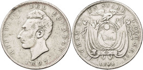 Ecuador. 1897. Lima. JF. 1 sucre. (KM. 53.3). Rayitas y golpecitos. AG. 24,52 g. MBC-.