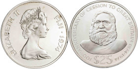 Fiji. 1974. Isabel II. 25 dólares. (KM. 34). Centenario de la cesión a Gran Bretaña. AG. 48,99 g. Proof.