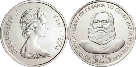 Fiji. 1974. Isabel II. 25 dólares. (KM. 34). Centenario de la cesión a Gran Bretaña. AG. 48,55 g. Proof.