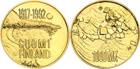 Finlandia. 1992. MS. 1000 marcos. (Fr. 9) (KM. 72). 75º Aniversario de la Independencia. Estuvo certificada por la NGC como MS69, nº 3236588-006. AU. ...