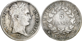 Francia. 1812. Napoleón. Q (Perpignan). 5 francos. (KM. 694.12). Escasa. AG. 24,57 g. BC+.