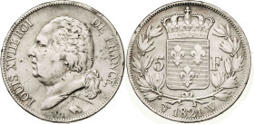 Francia. 1821. Luis XVIII. W (Lille). 5 francos. (KM. 711.13). Golpecitos. AG. 24,83 g. MBC-.