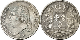 Francia. 1824. Luis XVIII. W (Lille). 5 francos. (KM. 711.13). AG. 24,69 g. MBC-.