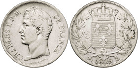 Francia. 1829. Carlos X. B (Rouen). 5 francos. (KM. 728.2). AG. 24,65 g. MBC-.