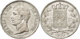 Francia. 1830. Carlos X. A (París). 5 francos. (KM. 728.1). AG. 24,88 g. MBC-/MBC.
