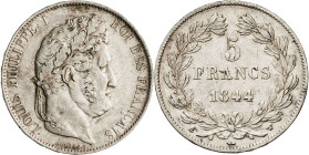 Francia. 1844. Luis Felipe I. W (Lille). 5 francos. (KM. 749.13). Rayitas. AG. 24,96 g. MBC-.