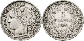 Francia. 1851. II República. A (París). 5 francos. (KM. 761.1). AG. 24,79 g. MBC-.