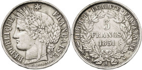 Francia. 1851. II República. A (París). 5 francos. (KM. 761.1). Rayitas. AG. 24,81 g. MBC.