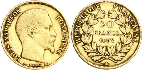 Francia. 1852. Luis Napoleón. A (París). 20 francos. (Fr. 568) (KM. 774). AU. 6,43 g. MBC-.