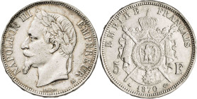Francia. 1870. Napoleón III. A (París). 5 francos. (KM. 819). Golpecitos. AG. 24,73 g. MBC/MBC-.