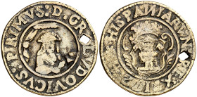 1724. Luis I. Motril. Proclamación. (Ha. 10) (MHE. 202, mismo ejemplar) (V.Q. 12928). Perforación. Muy rara. Bronce fundido. 5,65 g. Ø30 mm BC.
