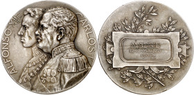1906. Alfonso XIII. Visita de Carlos I de Portugal a España. (Ruiz Trapero 1229). Grabador: T. A. Szirmaï. Arañazos en ambas caras. Rara. Bronce plate...