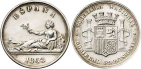1968. Reproducción de la medalla que sirvió de prueba para el duro de 1869. Acuñación de 500 ejemplares. Plata. 31,17 g. Ø37 mm. EBC.