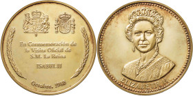1988. Isabel II. The Franklin Mint, S. A. Conmemorativa de la visita oficial a España de Isabel II. Con certificado de autenticidad. Oro 24k sobre pla...