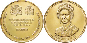1988. Isabel II. The Franklin Mint, S. A. Conmemorativa de la visita oficial a España de Isabel II. Con certificado de autenticidad. Oro 24k sobre pla...