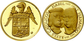 Reyes Católicos. En carterita con certificado. Oro. 3,98 g. Ø20 mm. Proof.