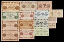 Rusia. 1917 y 1918. 1, 3, 5 (dos), 10, 20 (dos), 25 (tres), 50, 100 (dos), 250 y 1000 rublos. (Pick 38, 86 a 93 y 95). 15 billetes. MBC-/EBC+.